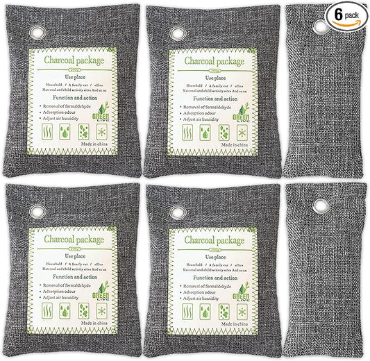 Activated Charcoal Odor Absorber (4x200g Large + 2x75g Small), Bamboo Charcoal Air Purifying Bag, Odor Deodorizer and Eliminator for Cars, Refrigerators, Shoes, Pets, Closets, and More.