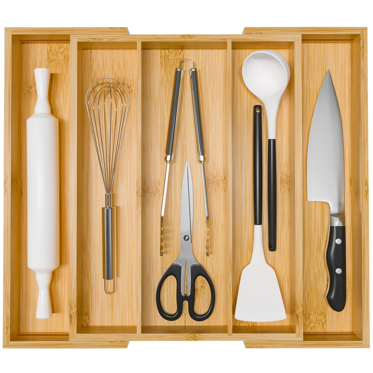 Bamboo Utensil Organizer Cutlery Organizer - Expandable 5 Slots - Image 1