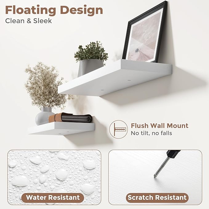 40 Inch Floating Shelves for Wall Set of 2, 8"D Wood Grain Bathroom Shelves with Invisible Brackets, Easy Install Engineered Wood Storage Shelves for Kitchen, Living Room, Bedroom, White Finish