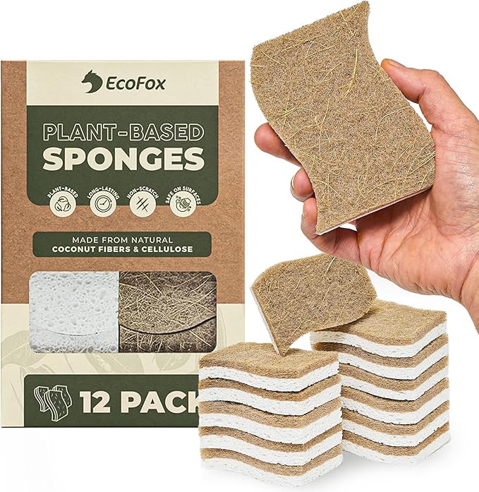 Plant-Based Kitchen Sponges (12 Pack) | FSC-Certified & PETA Approved | Natural Cellulose & Coconut Blend Scrubber Dish Sponges for Kitchen | S-Shaped Design | Eco-Friendly, Non-Scratch & Non-Toxic