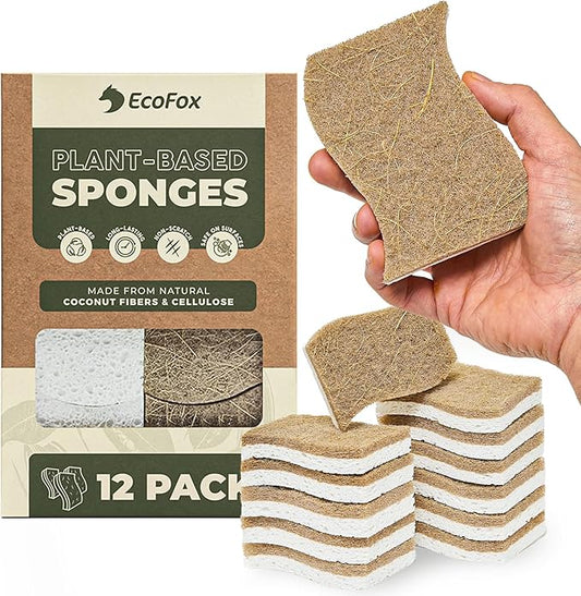 Plant-Based Kitchen Sponges (12 Pack) | FSC-Certified & PETA Approved | Natural Cellulose & Coconut Blend Scrubber Dish Sponges for Kitchen | S-Shaped Design | Eco-Friendly, Non-Scratch & Non-Toxic