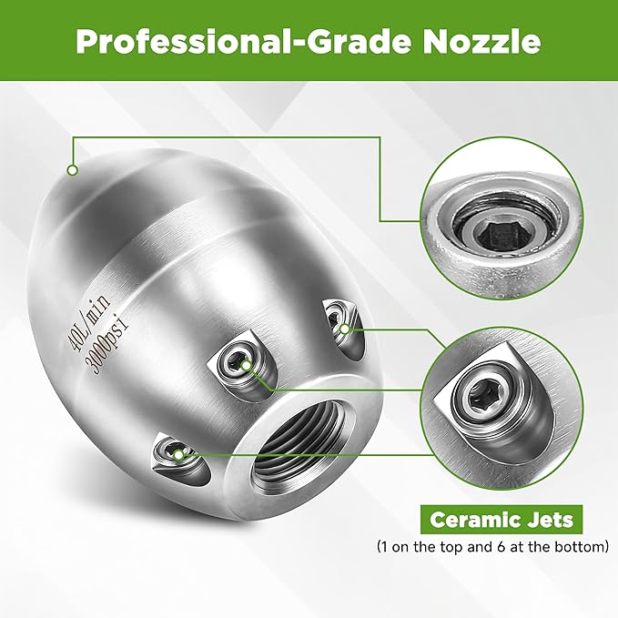 Sewer Jetter Nozzle for Pressure Washer, 3/8" NPT Internal Thread Strong Shot Jetter Head, Stainless Steel Power Washer Drain Jetter Cleaner, 3000 PSI