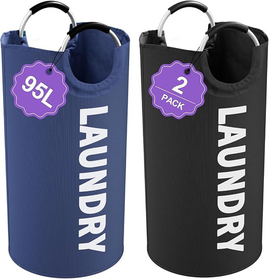 2Pcs 95L Collapsible Laundry Basket for Men, Tall Laundry Basket with Handles, Dirty Clothes Hamper in 600D Oxford Fabric, Freestanding Clothes Hampers for Bedroom, Dorm, Navy Blue + Black