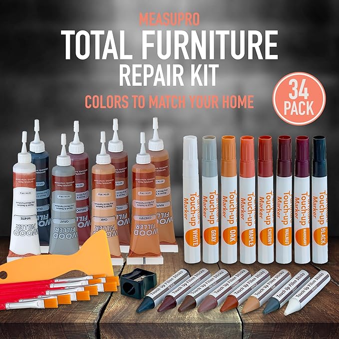 Furniture Repair Kit Set of 34, Wood Scratch Repair Markers, Wax Crayons and Wood Filler with Brushes and Sharpener for Furniture, Floors, Cabinets, Tables and Desks