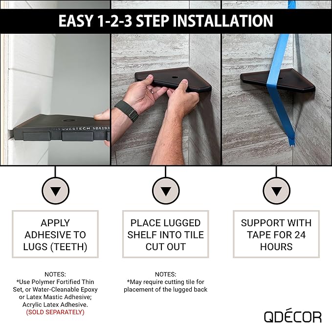 Questech 8" Corner Shower Shelf - Lugged for New Construction, Shower Organizer for Tiled Walls, Corner Caddy Soap Dish Bathroom Storage, Geo Lugged, Cool Gray Polished
