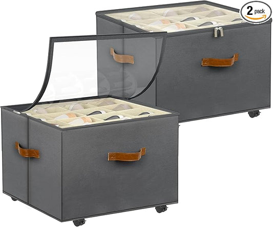 Shoe Organizer for Closet, 2 Pack Shoe Storage Organizer with Wheels and Adjustable Dividers, Stackable Shoe Storage Box with Clear Cover, Closet Shoe Organizer Fits up to 16-32 Pairs, Gray