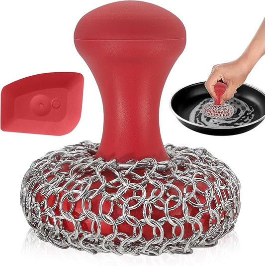 316L Chainmail Scrubber + Pan Scraper + Long Handles - 316 Cast Iron Cleaner - Skillet Cleaner - Chain Mail Scrubber for Cast Iron Pans