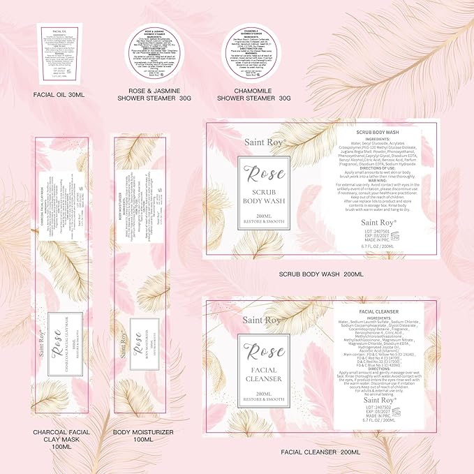 Spa Gifts for Women - 10pcs Self Care Kit with Rose Scented Facial Cleanser, Scrub, Body Wash, Clay Mask, Essential Oil