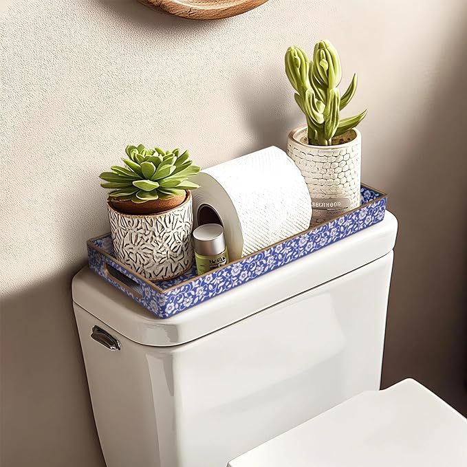MAONAME Blue Vanity Tray, Bathroom Counter Tray, Plastic Decorative Trays with Handles, Storage Dresser Trays Organizer for Toilet Tank, Jewelry, Makeup, 13.8" x 6" x 1.57"