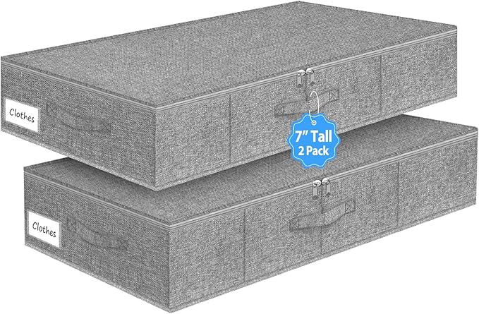 Under Bed Storage Container, 7" Tall Underbed Storage Bin with Rigid Sides & Bottom, Large Under-Bed Clothes Organizer with Zippered Lid for Bedroom, Dorm, Sofa, 30x15x6.7, Grey