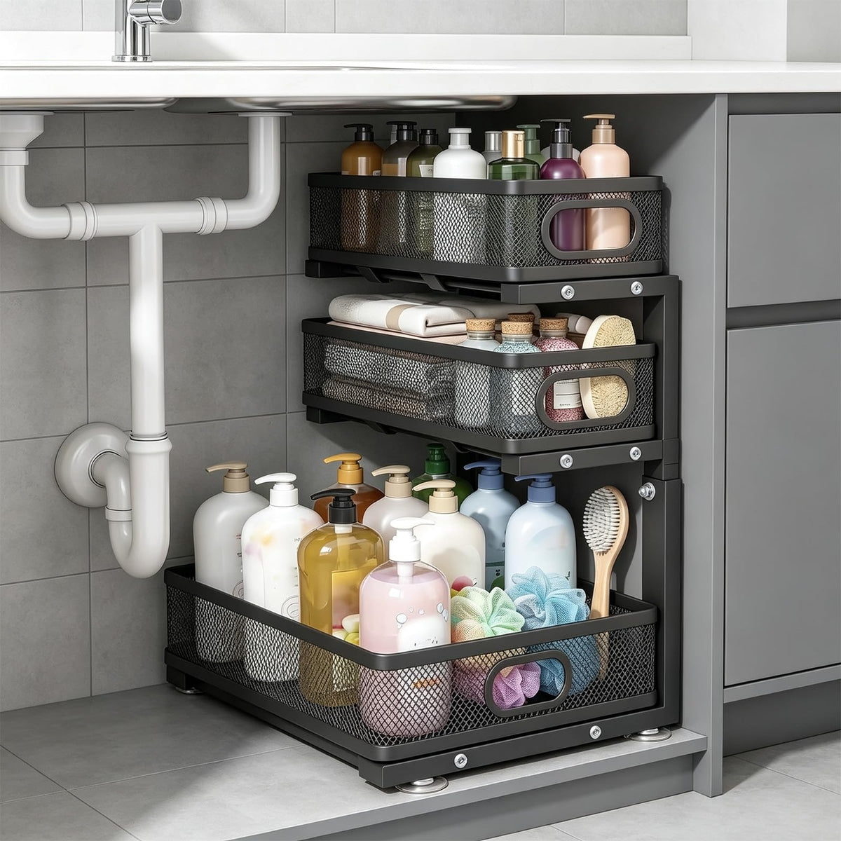 Under Sink Organizer,3-Tier Thickened Metal Pull out Cabinet OrganizerShelf