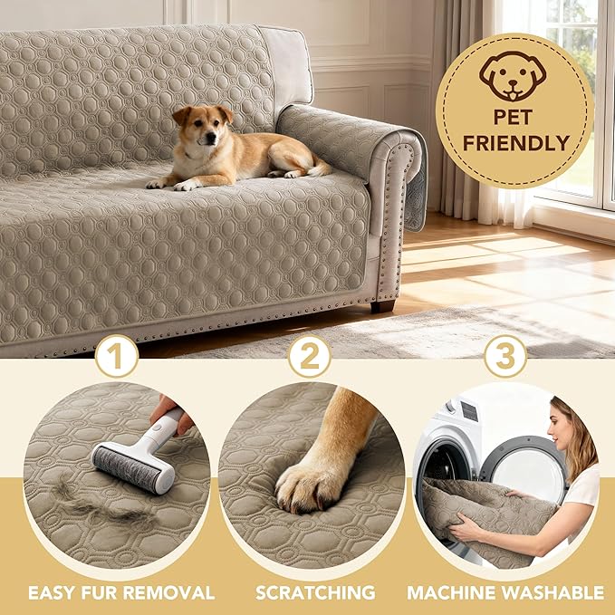 H.VERSAILTEX 100% Waterproof Sofa Covers for Dogs Pets with Non Slip Backing Couch Seat Covers with Side Pocket for 3 Cushion Couch Washable Dog Couch Cover Protector Sofa Slipcovers (Sofa, Taupe)