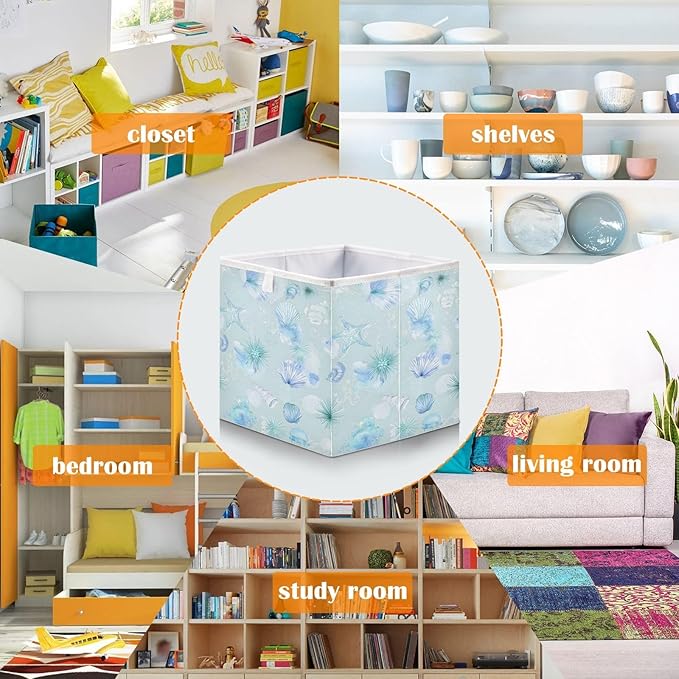 Bolaz Blue Shell Pattern Closet Organizers Storage Cubes Storage Bins Shelf Baskets Containers for Home Room Office,Rectangle