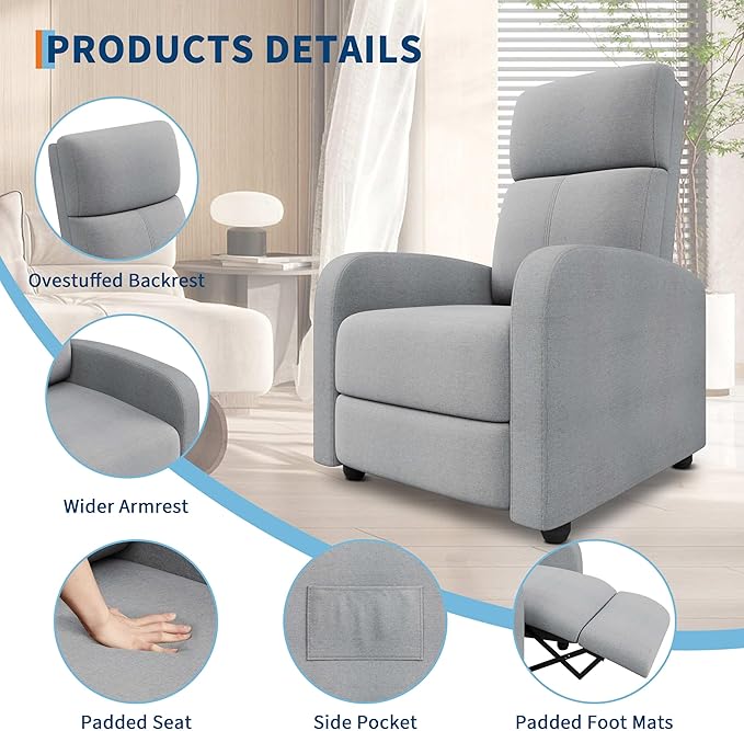 Garvee Recliner Chair for Adults, Lazy Reclining Chair Ergonomic Adjustable Single Sofa Enhanced with Side Pocket, Tall Back, Wide Arms & Padded Seat, Home Theater Seating for Living Room