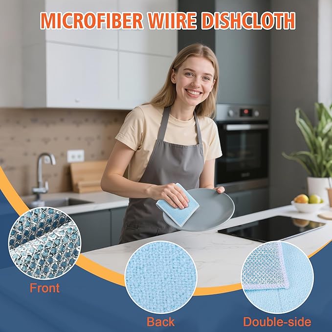 2-Sided Cleaning Dish Towels for Kitchen Microfiber Wash Cloths,30pcs Non Scratch Wire Dishcloth,Wire Dishcloth Home Essentials-Reusable Steel Wool Scrubber Washcloths,Set for Pans Sinks & Cookware