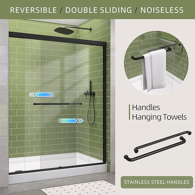 GETPRO Shower Door Double Sliding 57-60 in. W x 72 in. H Semi-Frameless Bypasss Bathroom Glass Shower Sliding Doors,1/4 inch Clear Tempered Glass Door for Walk-in Shower Matte Black