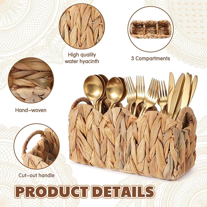 Scalloped Small Water Hyacinth Basket Caddy Party Cutlery Utensil Holder Hand Woven Rattan Basket Divided Cutlery Holder with Handles Kitchen Countertop Picnic Flatware Organizer for Shelves