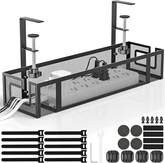 Under Desk Cable Management Tray, GZOKMOG 15.75" No Drill Cable Management Under Desk, Heavy Duty Metal Cord Organizer, Home Office Wire Management for Standing/Gaming Desk, 1 Pack Black
