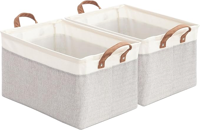 Storage Basket Bins with Metal Frame, Large Collapsible Fabric Storage Baskets for Organizing Shelf, Basket Organizer W/Handles for Toys, Towels, Laundry, Nursery, 2-Pack, White Grey