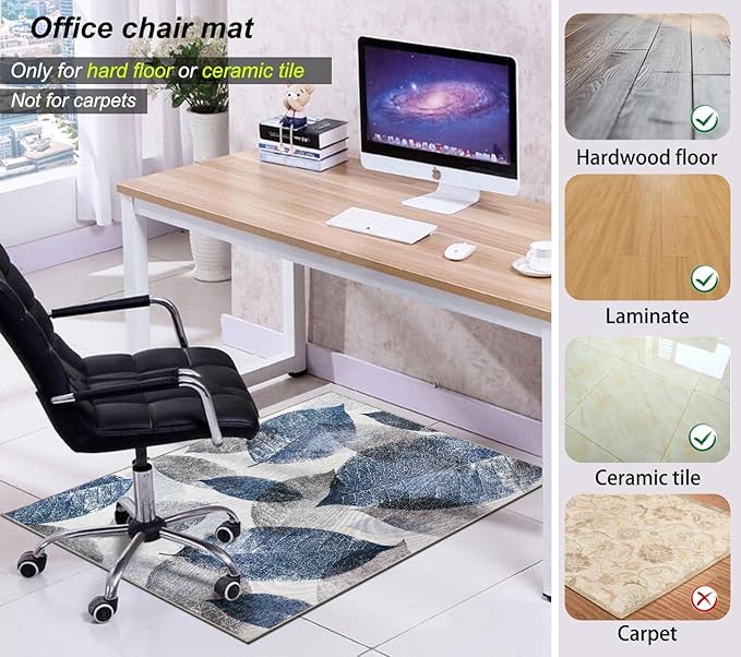 Office Chair Mat for Hardwood Floor & Low-Pile Carpet,36"*48" Highly Premium Quality Protector Floor Mat,Desk Chair Mat - Anti-Slip Chair Rug Mat for Office Home Laminate Floor Blue Leaf