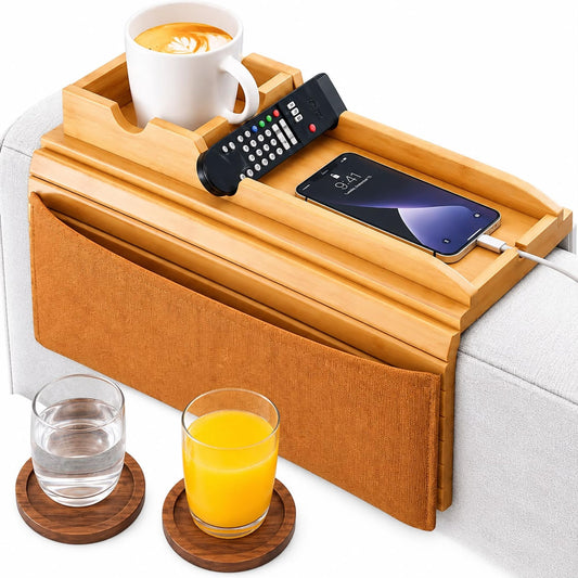Bamboo Couch Arm Tray with Cup Holder, Armrest Tray Table - Image 1