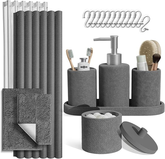 Clara Clark Grey Bathroom Set - Bathroom Sets with Shower Curtain and Rugs, 21PC Bathroom Accessory Set, Shower Curtain Set with Soap Dispenser & Toothbrush Holder