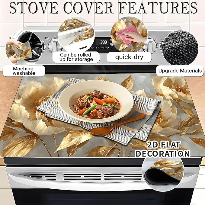 Stove Top Covers for Electric Stove, Stain-Resistant Cooktop Pad, Wipeable Range Cover, Non-Slip Counter Mat, 28.3 x 20.5 Inches, Elegant Gold Floral Decor(Peony flower)