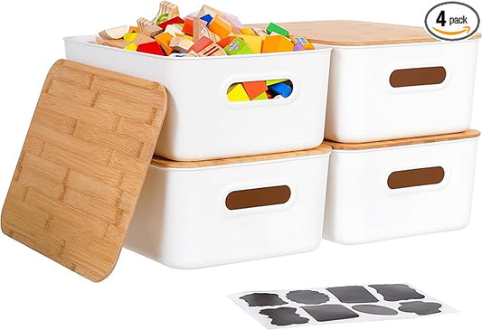Citylife Storage Bins with Bamboo Lids 16QT Plastic Storage Containers Stackable Organizer Boxes with Handle for Desk Snacks, Toys, 4 PCS, 15" L x 10.6" W x 5.8" H