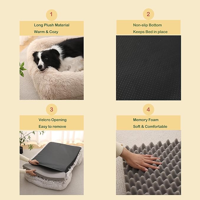 Orthopedic Dog Bed for Medium Dogs - Washable Memory Foam Pet Sofa, Fluffy Plush Rectangular Bed, Waterproof Anti-Anxiety Couch, Light Gray, M