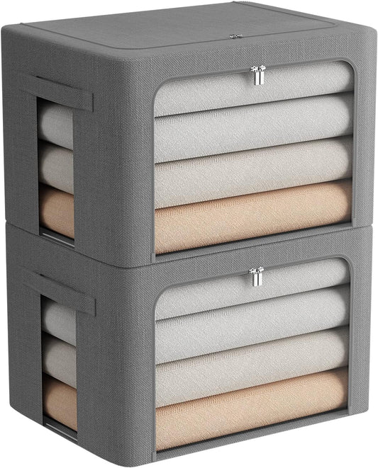 2 Pack Clear Window Storage Bins — Stackable Linen Fabric Storage for Clothes, Foldable Box Organizer with Carrying Handles, 36L (Gray, 15.7×11.8×11.7")