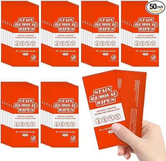 Stain Remover Wet Wipes Bulk, Individual Wrapped Stain Remover for Clothes Portable Travel Messy Eater Stain Removal Wipes Pocket Size for Clothing Fabric, Shoes, Wine, Fast Food (10 x 7.9 inch) (50)