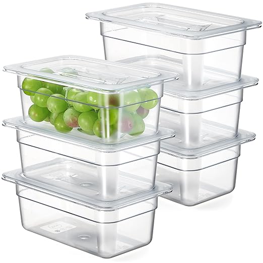CURTA 6-Pack 1/4 Size 4" Deep NSF Polycarbonate Food Pans with Handled Lids & Drain Trays | Dishwasher & Freezer Safe Clear Container for Prep Tables, Buffet, Salad Bar, Commercial & Home Kitchen