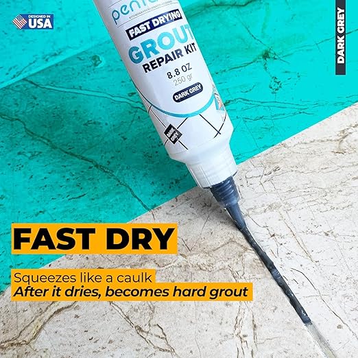 Tile Grout Repair Kit - Premixed Acrylic Sanded Grout for Bathroom, Shower & Kitchen - Repairs, Renews & Restores, Waterproof Formula - 8.8oz / 250gr (Dark Grey)