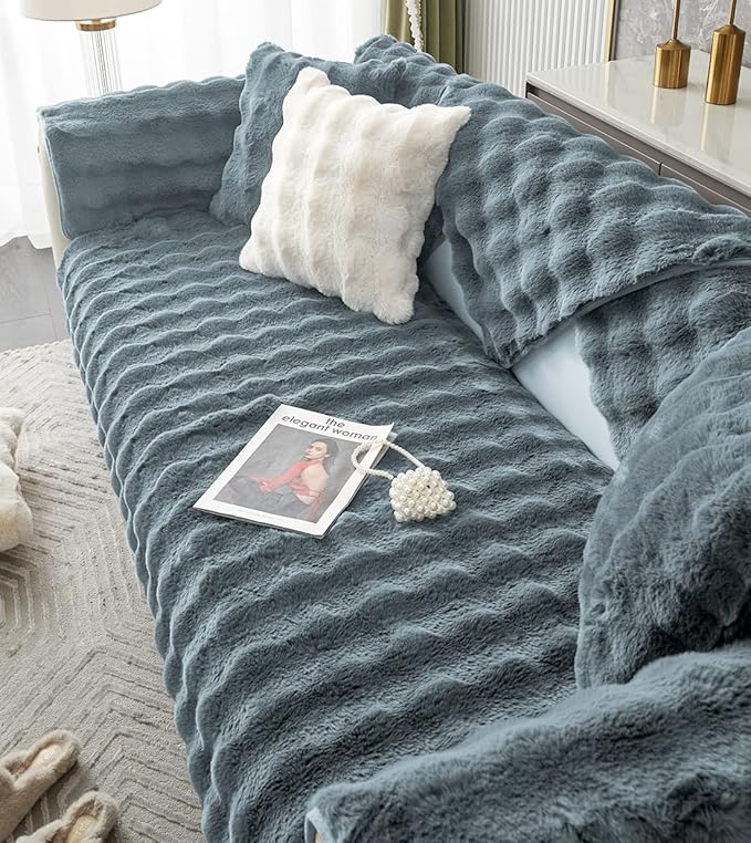 Soft Warm Faux Fur Couch Sofa Cover Thick Shaggy Fuzzy Sectional Couch Cover Non-Slip Solid Color Plush Sofa Slipcover Furniture Protector for Kids, Pets (Grey Black,28"x82")