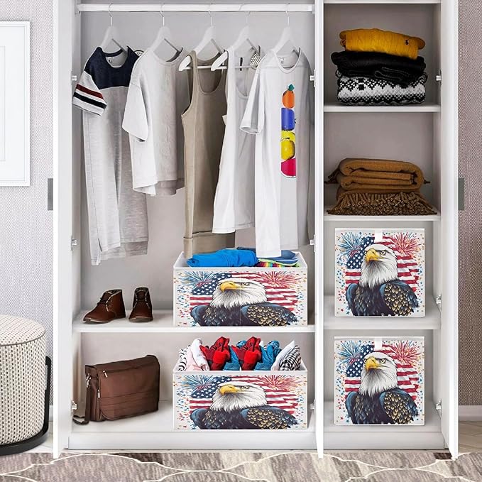 Bald Eagle Fireworks American Flag Closet Organizers Storage Cubes Storage Bins Shelf Baskets Containers for Home Room Office,Rectangle