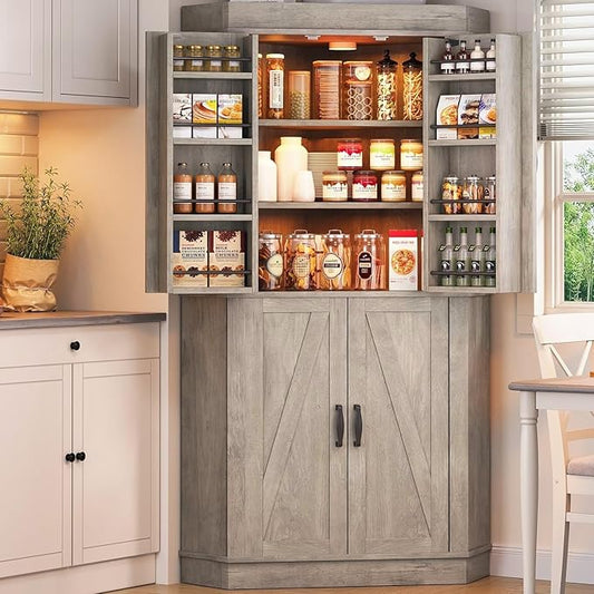 Corner Kitchen Pantry Storage Cabinet with Doors, Kitchen Hutch, 71'' Tall Food Storage Cabinet Furniture for Living Room, Dining Room (Grey)