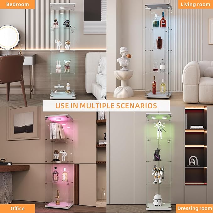 LFT HUIMEI2Y Glass Display Cabinet with LED Lights and Lock, 4-Shelf Curio Cabinets with Door, Tempered Glass Collection Display Showcase for Bedroom, Living Room 65”x 17”x 14.5” White