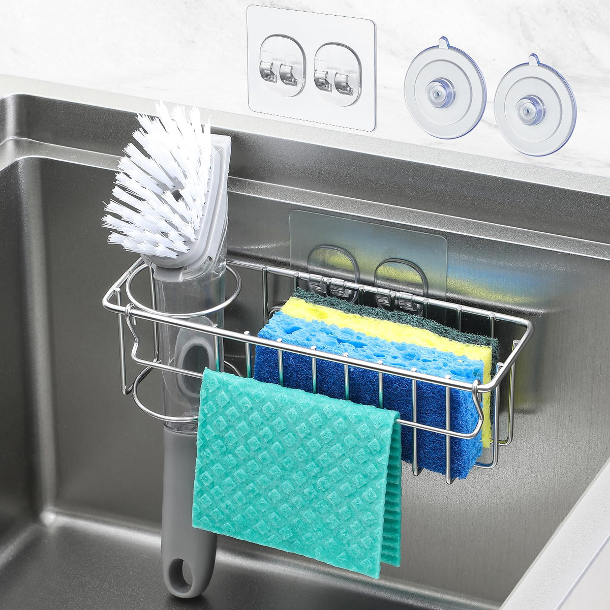 3-In-1 Sponge Holder for Kitchen Sink with Suction Cups & - Image 1