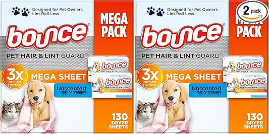 Bounce Pet Hair and Lint Guard Mega Dryer Sheets with 3X Pet Hair Fighters, Unscented, 130 Count (Pack of 2)