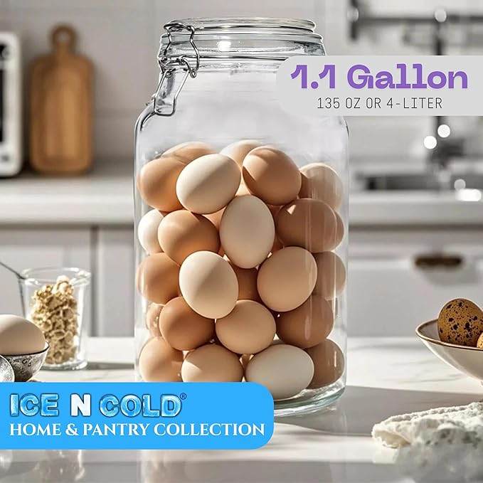 Airtight Glass Storage Jars with Clamp Lid – Food Storage Containers with Rubber Gasket Seal – Pantry & Kitchen Canisters for Dry Goods, Coffee, Sugar, Pasta – 0.4L to 4L Sizes (1, 135oz | 4L)