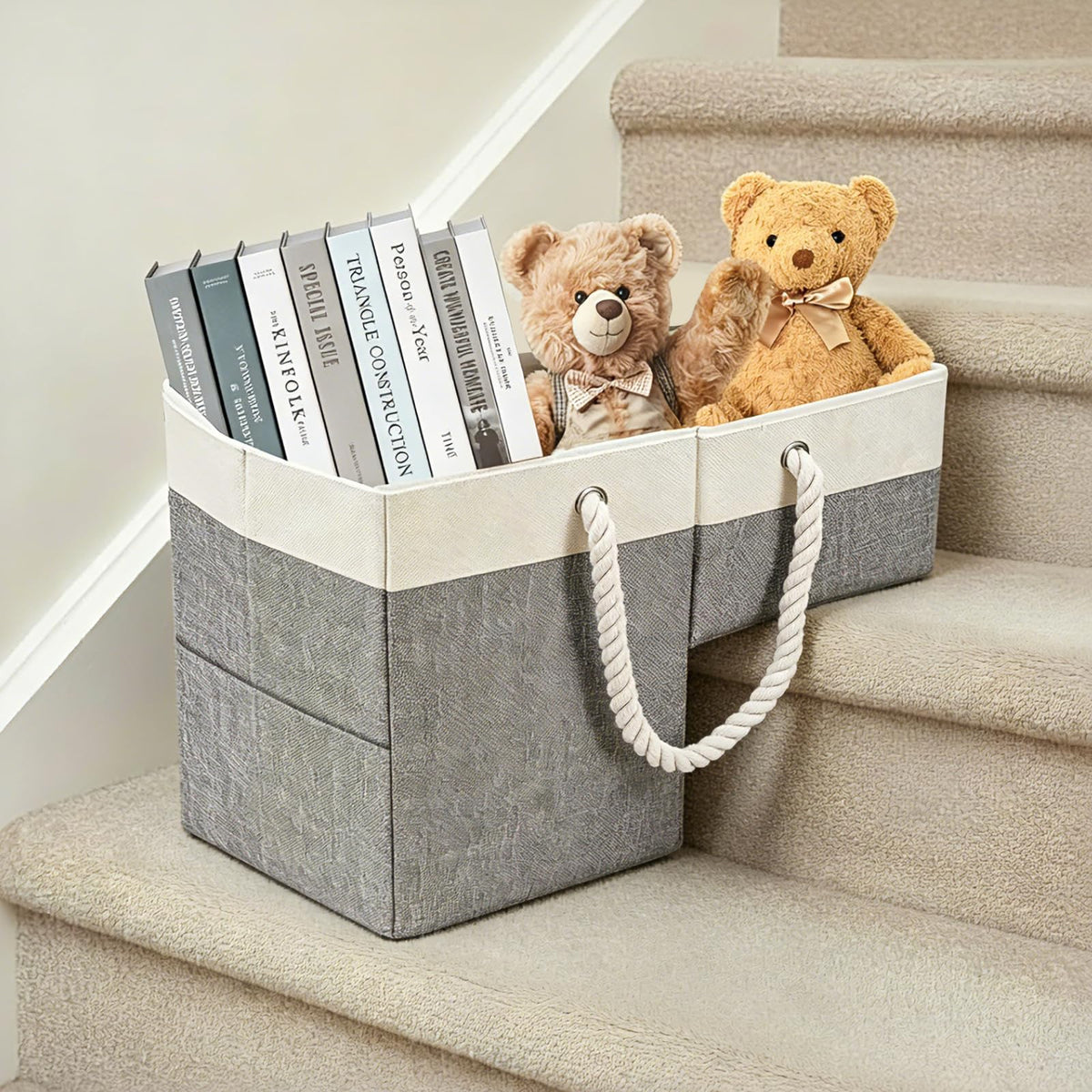 Stair Basket,1pc Gray Foldable with Handle for Wooden & - Image 1