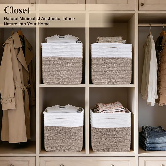 Storage Cubes 11 Inch Storage Baskets for Shelves, Set of 3 Cotton Rope Woven Baskets for Organizing, Cube Storage Square Bins for Toy, Playroom Decor, Classroom, Closet, White+brown
