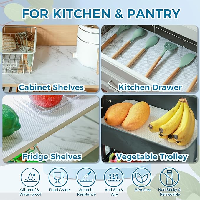Hersvin Shelf Liners 10 in x 20 ft EVA Drawer Mats, Non-Adhesive Cupboard Protector, Kitchen Cabinet Lining Fridge Liner (White Marble Stripe, 25.4x610cm)