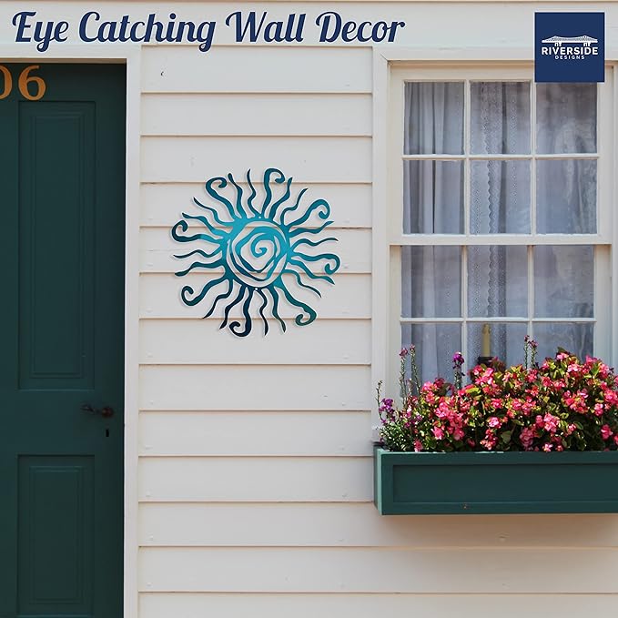 Wacky Sun Metal Wall Art Indoor/Outdoor Decor - 18" Teal Rust Proof Wall Sculpture - Made in USA - Ideal for Bedroom, Garden, Home, Patio and Farmhouse