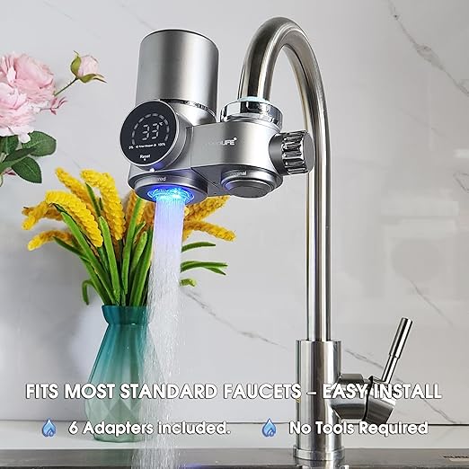 Combo Eurolife Faucet Mount Water Filter EL-LS-A13, LED Sink Water Filter with UV Light and Real Time Filter Life Indicator, Carbon Filter 8 Level fine Filtration, Extra More 2 Carbon Filter Included