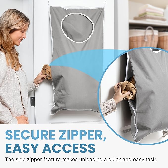Hanging Laundry Hamper Bag XL, Space Saving over the Door Storage Bags, Behind the Door Hampers for Dirty Clothes & Wall Mounted Basket for Bathroom (Grey, Single Compartment)