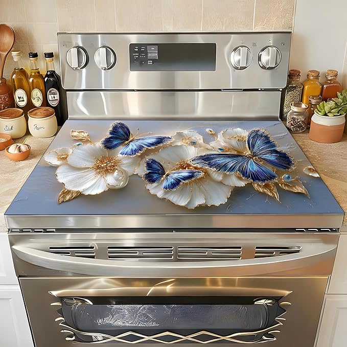 Stove Top Covers for Electric Stove, Grease-Resistant Stove Cover, Dust-Blocking Surface Shield, Reusable Countertop Mat, 28.3 x 20.5 Inches, Blue Butterfly Floral Decor(Butterfly)
