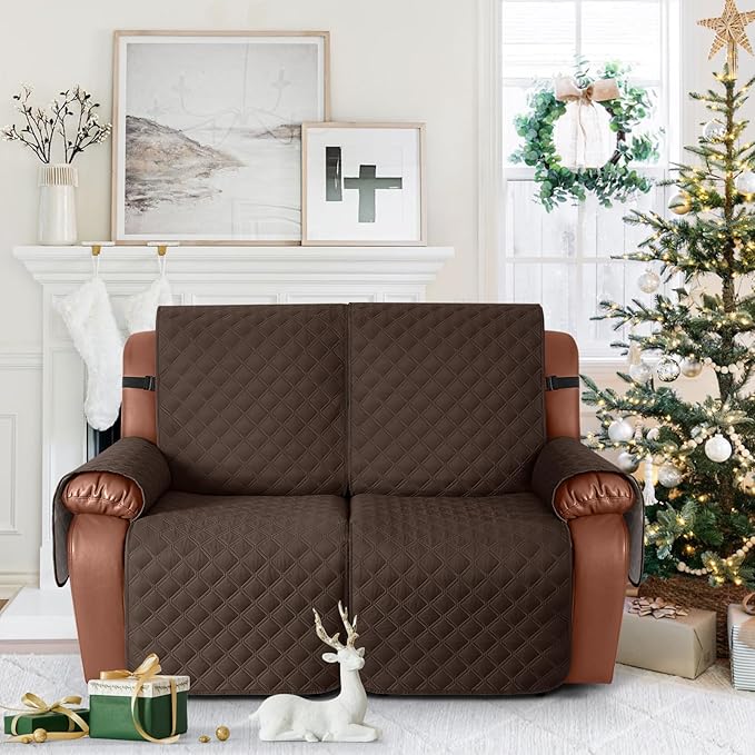 Ruaozz Waterproof Recliner Sofa Covers, 1-Piece Couch Covers for Reclining Couches Reclining Couch Cover Washable Furniture Protector with Elastic Straps Pocket for Kids Pets (Dark Brown, 2 Seater)