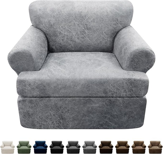 2-Pieces T Cushion Armchair Slipcovers Leather Look Couch Cover Chair Covers Stretch Furniture Protector Sofa Cover with 1 Individual T Cushion Seat Cover Slipcover Sets Washable, Light Grey