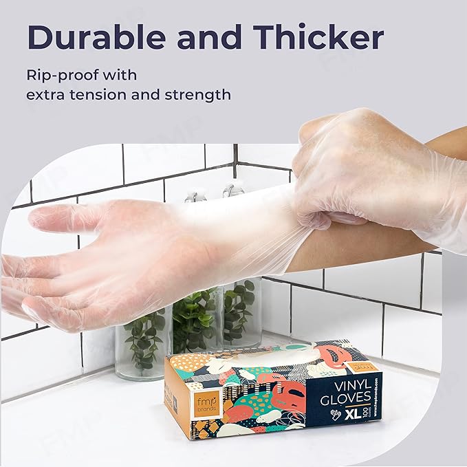 Fit Meal Prep 100 Pack Disposable Latex Free Extra Large XL Vinyl Food Prep Gloves - Powder Free, Ideal for Kitchen, Bathroom, Household, Gardening